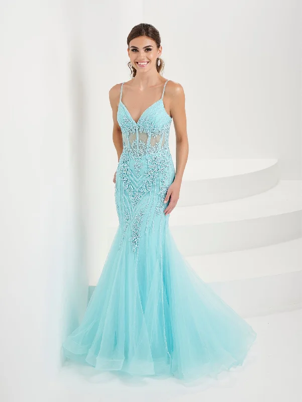 Price Blitz Fitted Applique Sheer Corset Gown by Tiffany Designs 16095