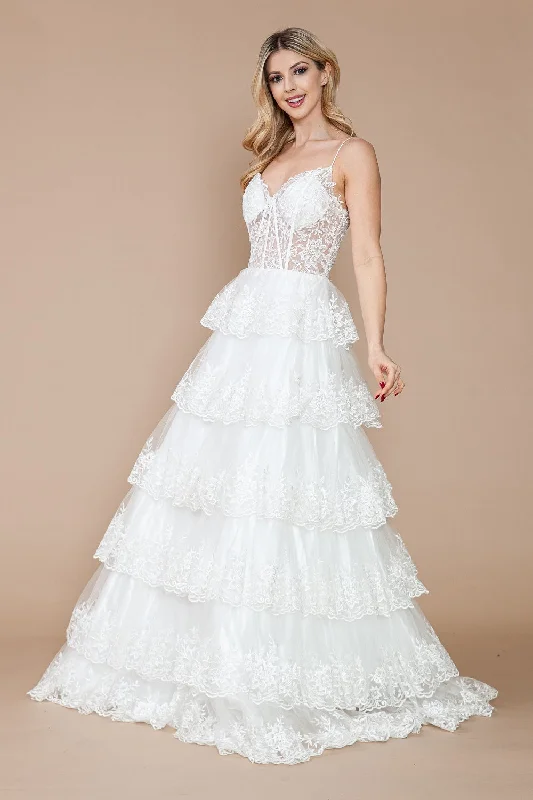 Price Rollback Applique Sleeveless Tiered Layered Gown by Poly USA 9402