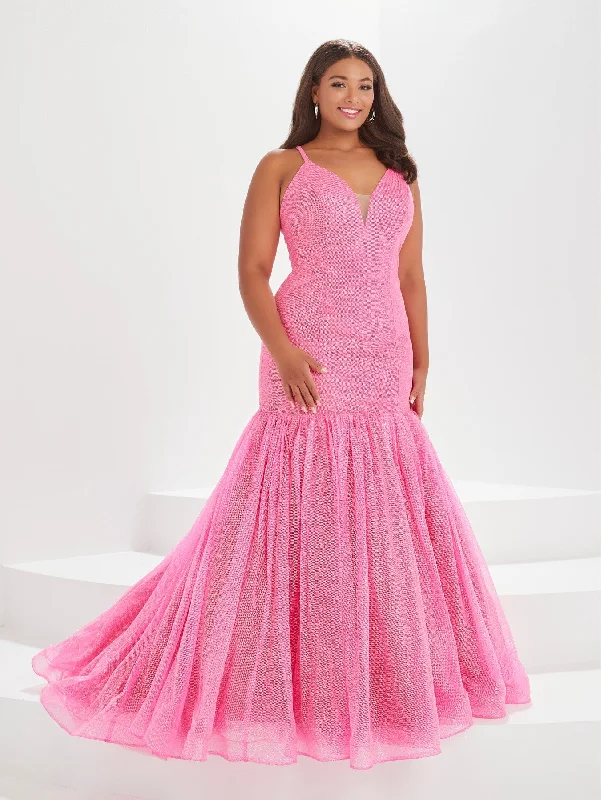 Mega Sale Plus Size Glitter V-Neck Mermaid Gown by Tiffany Designs 16047