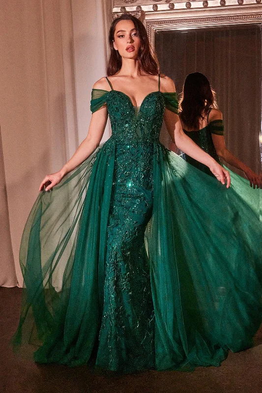 Holiday Sale Applique Cold Shoulder Tulle Overskirt Gown by Ladivine SF009