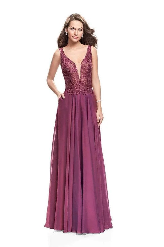 Closeout La Femme - 25513SC Embellished Plunging V-neck Long Dress