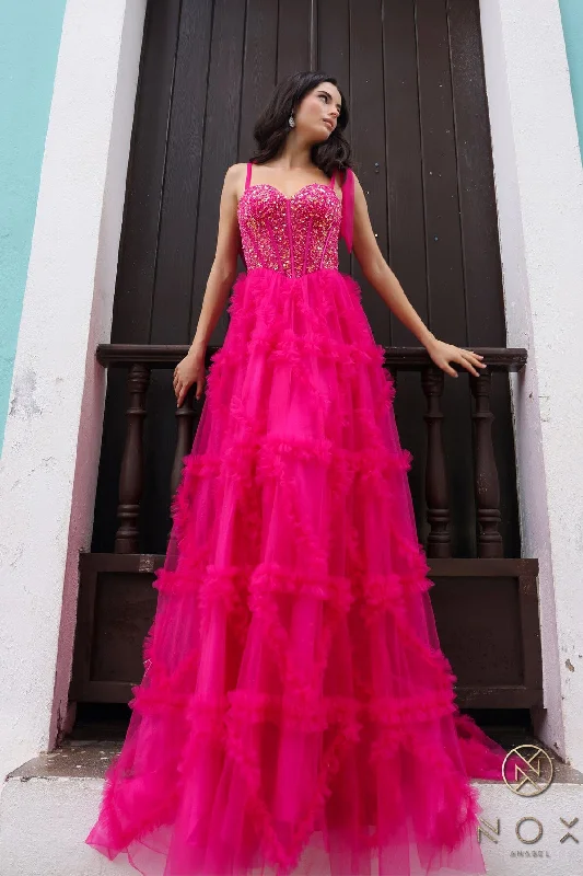 Price Blitz Beaded Sleeveless Corset Ruffled Gown by Nox Anabel T1340