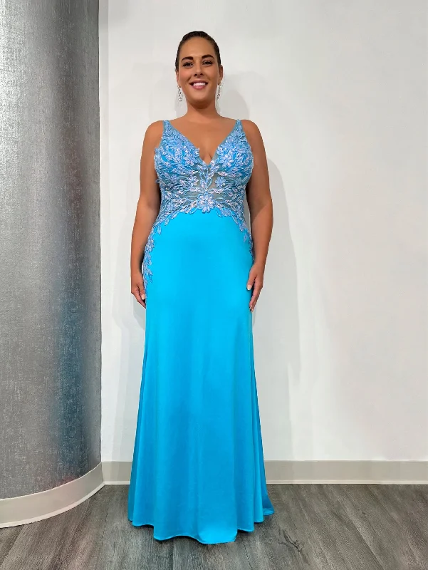 Limited Time Offer Plus Size Fitted Floral Applique Gown by Tiffany Designs 16137