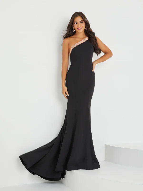 Super Sale Fitted Crepe One Shoulder Gown by Tiffany Designs 16029
