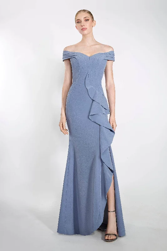 Discount Deals Janique - K6876 Off Shoulder Ruffle Slit Trumpet Gown