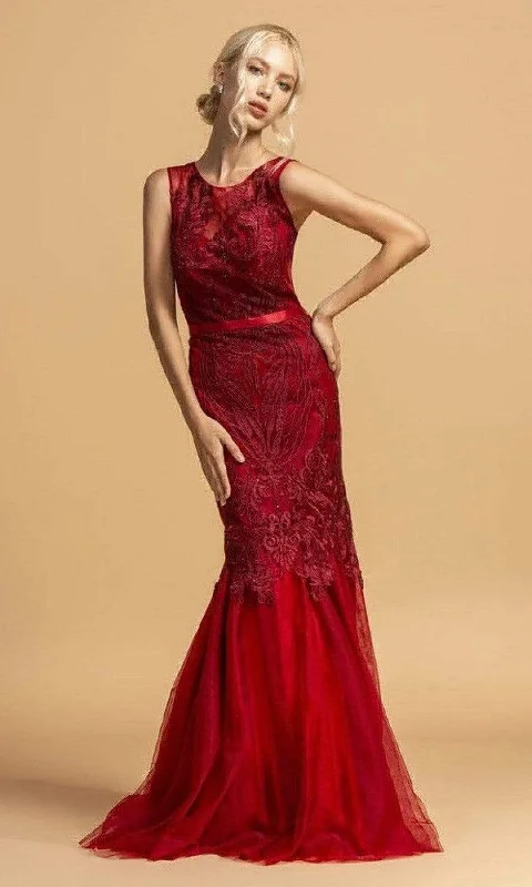 Overstock Sale Trevi Collection - L2099 Illusion Jewel Trumpet Evening Dress