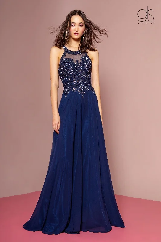 Don't Wait Applique Long High Neck Dress by Elizabeth K GL2690 - Outlet