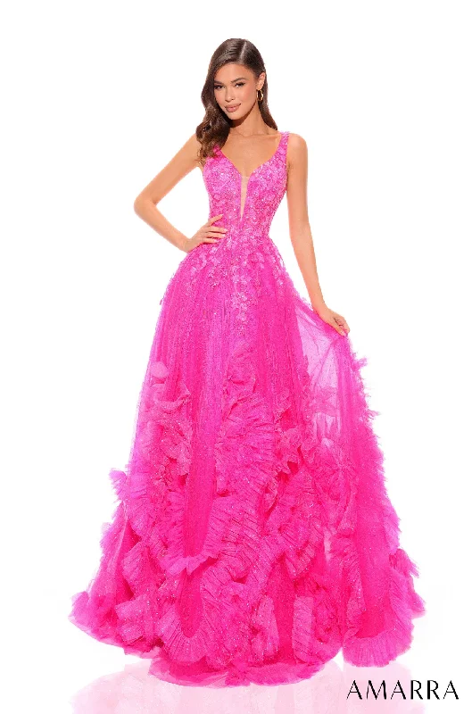 Blowout Sale Floral Applique V-Neck Ruffled Tulle Ball Gown by Amarra 88880