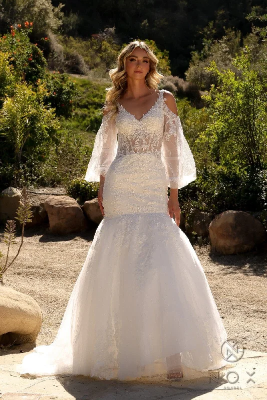 Inventory Reduction Applique Bell Sleeve Bridal Mermaid Dress by Nox Anabel JE983L