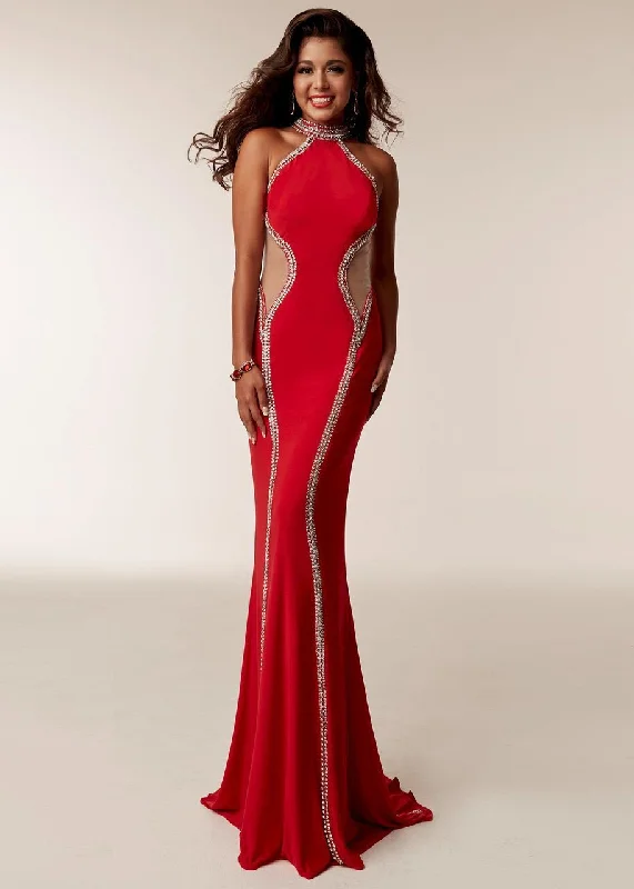 Extra Savings Jasz Couture - 6208 High Halter Contoured Jewel-Trimmed Panel Gown