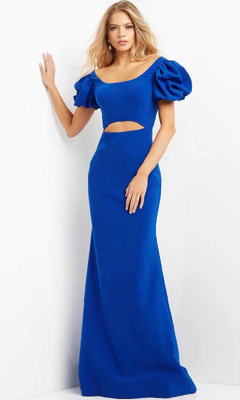 Closeout Jovani 08526 - Puff Sleeve Midriff Cutout Evening Dress