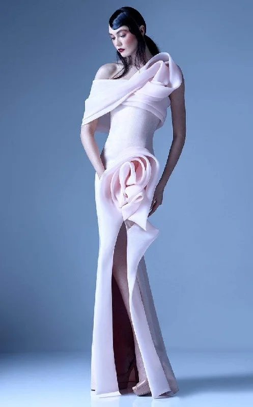 Price Reduction MNM Couture - G0935 One Shoulder 3D Floral Accent Fitted Gown w Slit