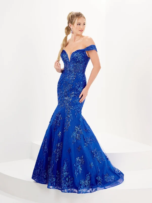 Savings Event Glitter Print Off Shoulder Corset Gown by Tiffany Designs 16080