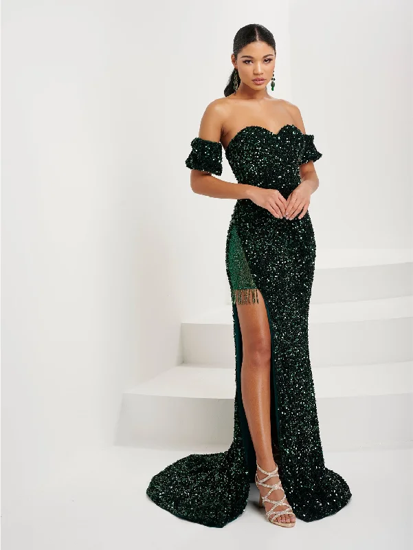Exclusive Online Offer Fitted Sequin Fringe Slit Gown by Tiffany Designs 16087