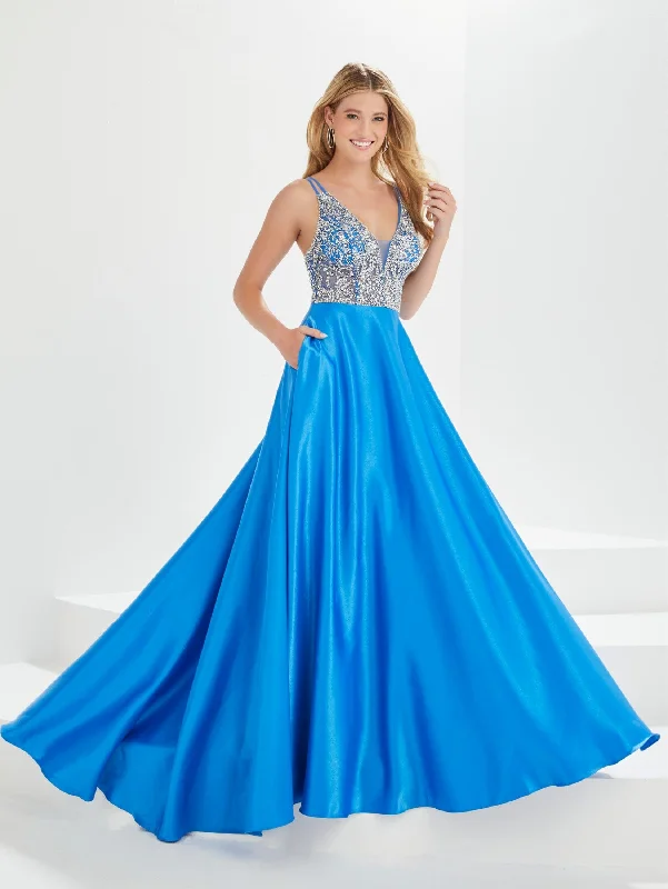 Bargain Bin Beaded Satin A-line Pocket Gown by Tiffany Designs 16024