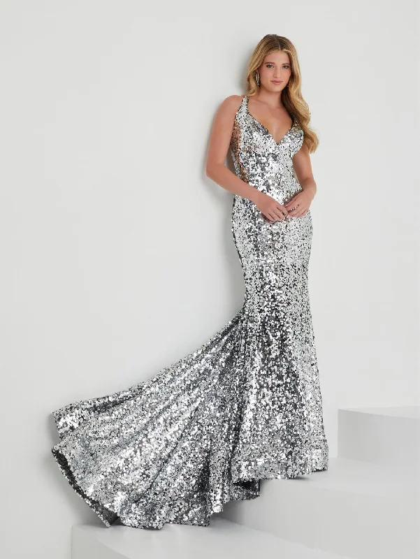 Act Now Sequin Halter V-Neck Mermaid Dress by Tiffany Designs 16021