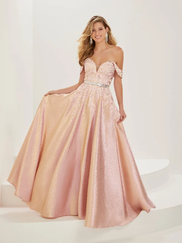 Extra Savings Applique Off Shoulder Shimmer Gown by Tiffany Designs 16936