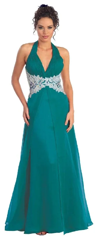 Today Only Elizabeth K - GL1046 Embellished Ruched Halter Neck Chiffon Dress