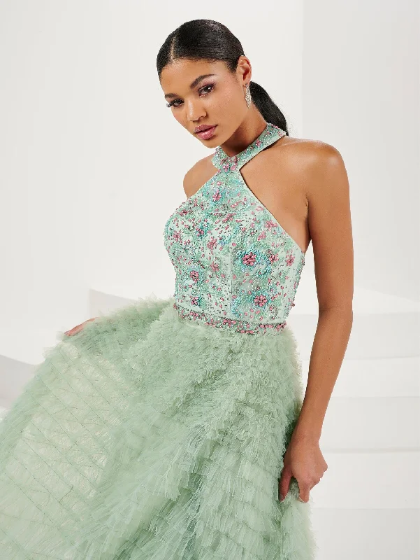 Final Clearance Ruffled Floral Beaded Halter A-line Gown by Panoply 14190