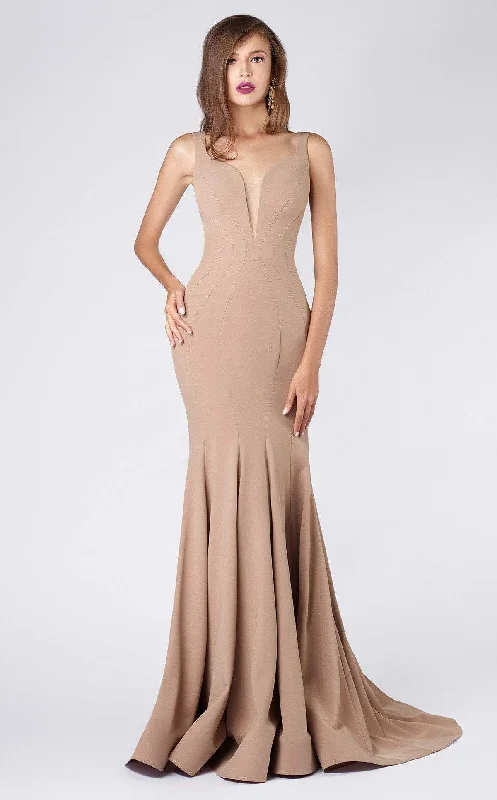 Sneak Peek Sale MNM Couture - M0008 Illusion V Neck Crepe Trumpet Evening Gown