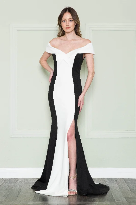 Online Exclusive Poly USA 8924 - Multi-toned Side Slit Evening Dress