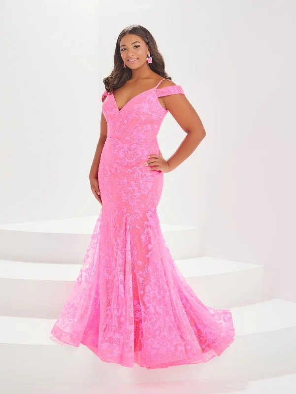 Early Bird Discount Plus Size Glitter Cold Shoulder Gown by Tiffany Designs 16039