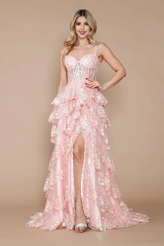 Don't Miss Applique Sleeveless Layered Slit Gown by Poly USA 9410