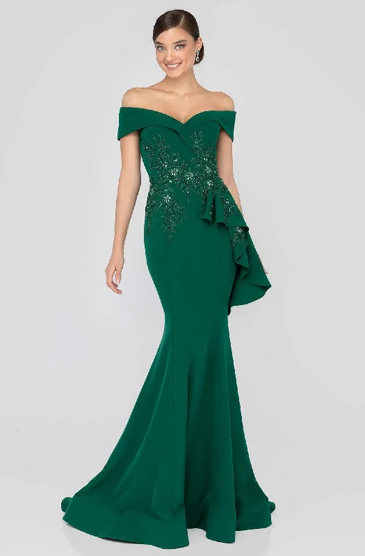 Price Reduction Terani Couture - 1911M9339 Off Shoulder Side Drape Peplum Mermaid Gown