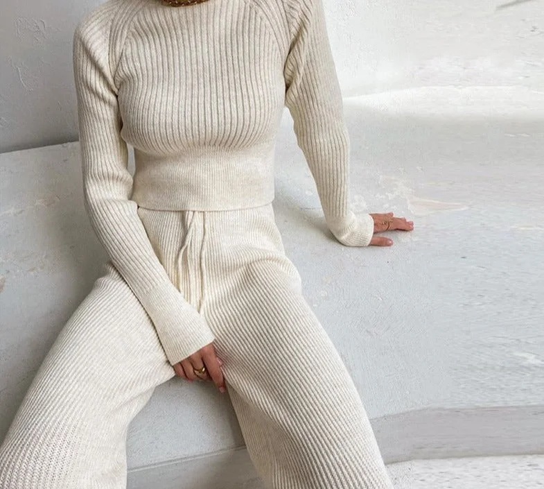 Super Sale Awakecrm  Women Set Sweater Top Long Sleeve And Biker Pants Autumn Winter White Casual Two Piece Set Warm Outfits Knitted