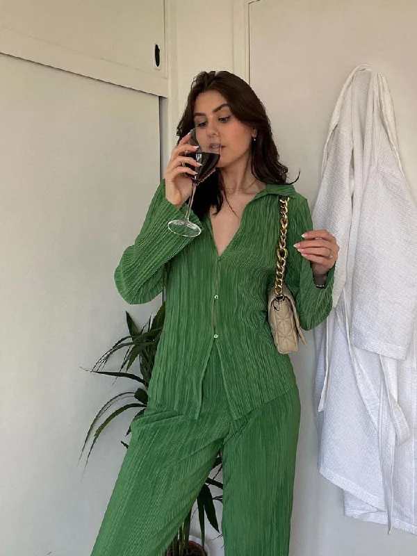 Mega Deal Back to school Women Pleated Satin Shirt Set Y2K Summer Casual Party Ladies High Waist Straight Wide Leg Pants 2 Piece Set Mega Deal Back to school Women Pleated Satin Shirt Set Y2K Summer Casual Party Ladies High Waist Straight Wide Leg Pants 2 Piece Set