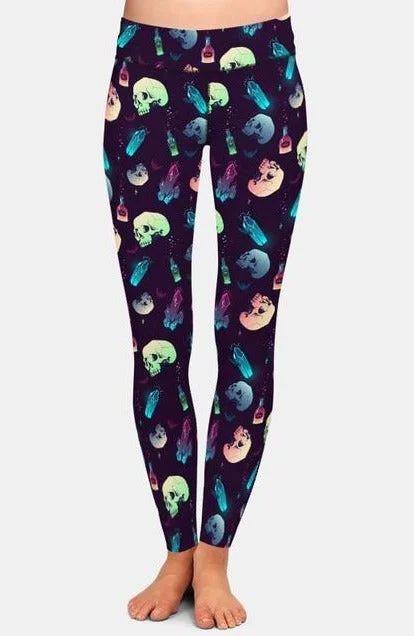 Value Deals Halloween Style Crystals, Skulls And Potions Printed Brushed Leggings