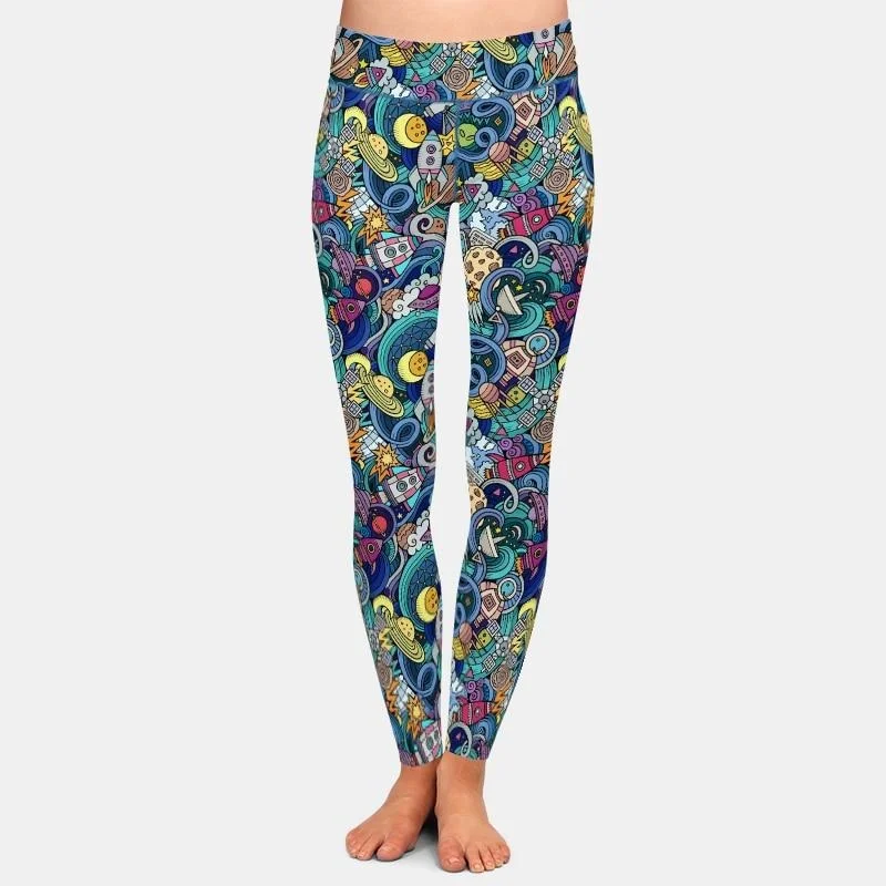 Daily Deals Ladies Casual 3D Cartoon Hand-Drawn Space Style Printed Leggings