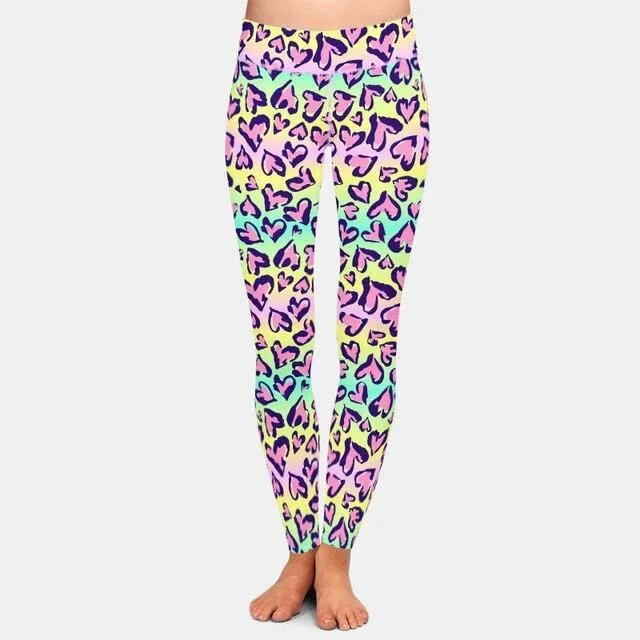Price Cut Ladies Colourful Pastel Leopard Hearts Printed Leggings