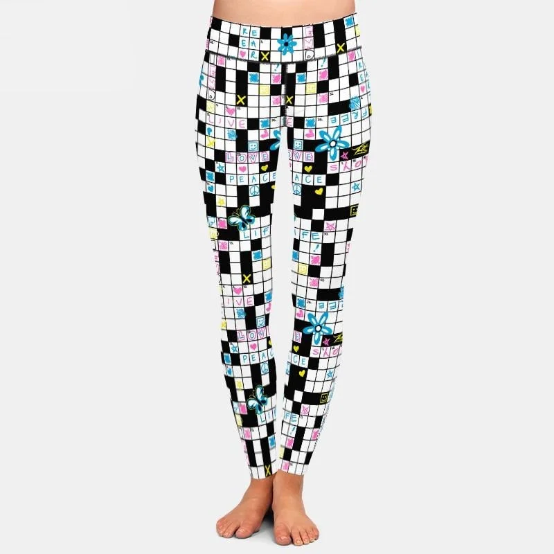 Act Now Ladies Crossword Puzzle With Flowers & Butterflies Printed Leggings