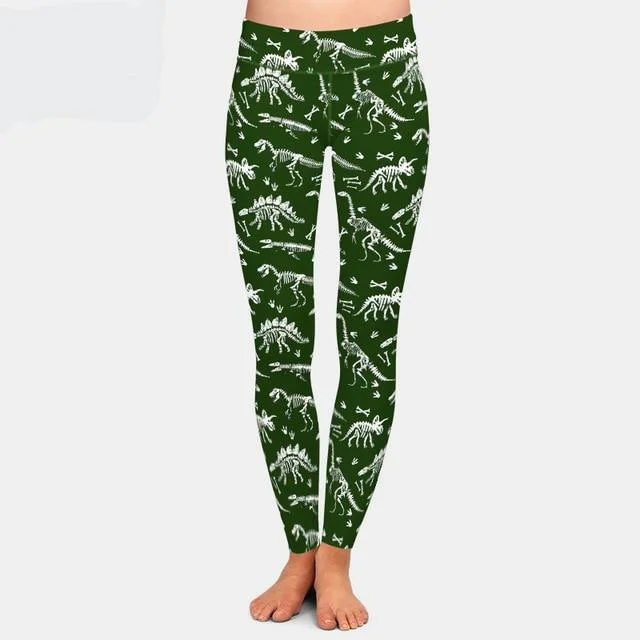 New Deals Ladies Green & White Dinosaur Skeletons Printed Leggings