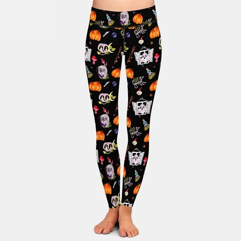 Closeout Sale Ladies Halloween Tombstones, Pumpkins & Ghosts Printed Leggings