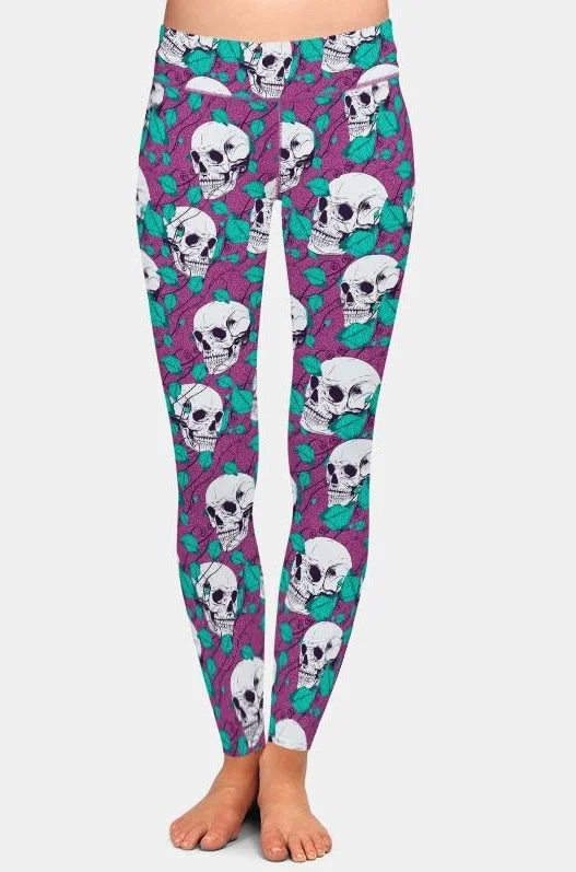 New Markdowns Ladies Purple Leggings With White Skulls & Leaves