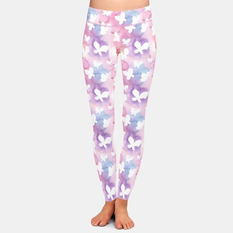 Extra Savings Ladies White Butterflies With Pastel Background Patterned Brushed Leggings