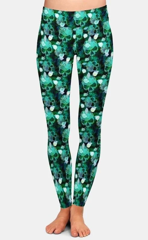 Now or Never Womens Green Scaled Skulls Printed Leggings