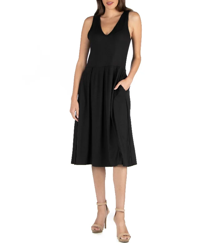 Today’s Deal Fit and Flare Midi Sleeveless Dress with Pocket Detail
