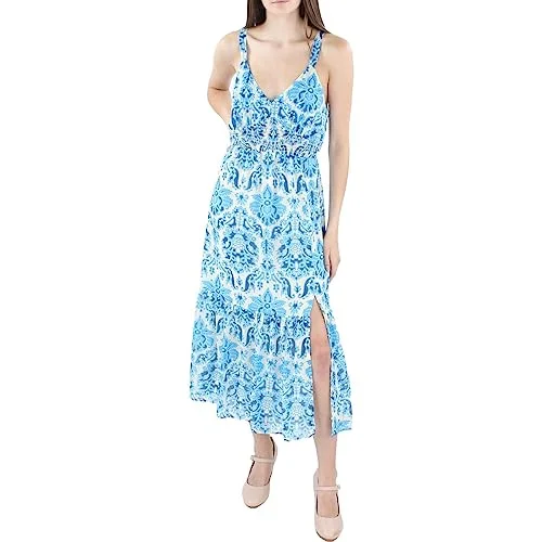 Bargain Bin BLACK TAPE Womens Smocked Tiered Skirt Lined Printed Sleeveless V Neck Midi Fit + Flare Dress