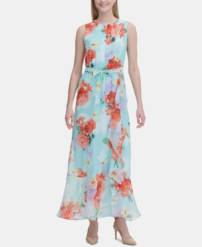 Special Buy Calvin Klein Belted Floral Print Maxi Dress
