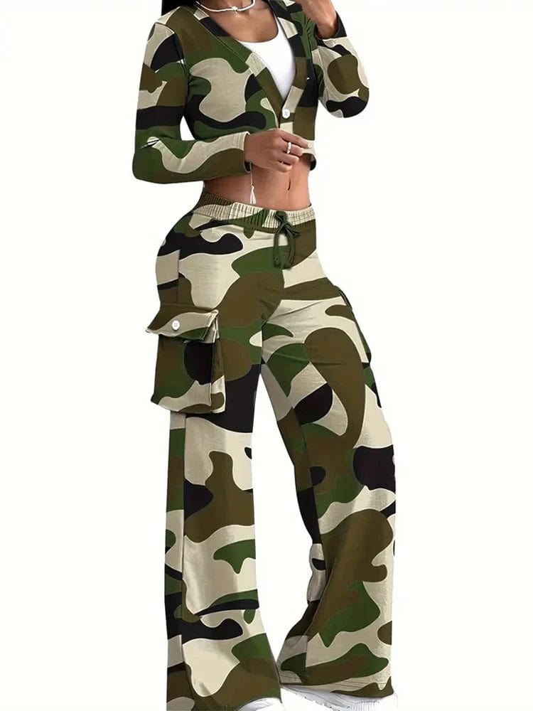 New Markdowns Camouflage Printed Casual Set Fashionable Sexy Short Top Casual Pants Two-piece Set Women's Sports Suit Outdoor Clothing