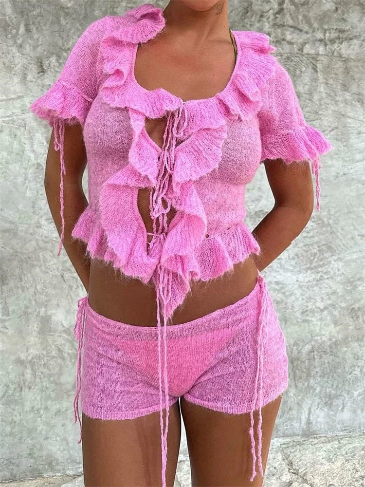 Blowout Deals CHRONSTYLE Knitted 2 Pieces Women Suits Ruffles Short Sleeve Front Split Lace-up T-shirts Tops Low Waist Shorts Bottoms Clubwear