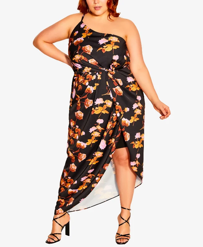 Hurry In City Chic Vivid Floral One-Shoulder Dress