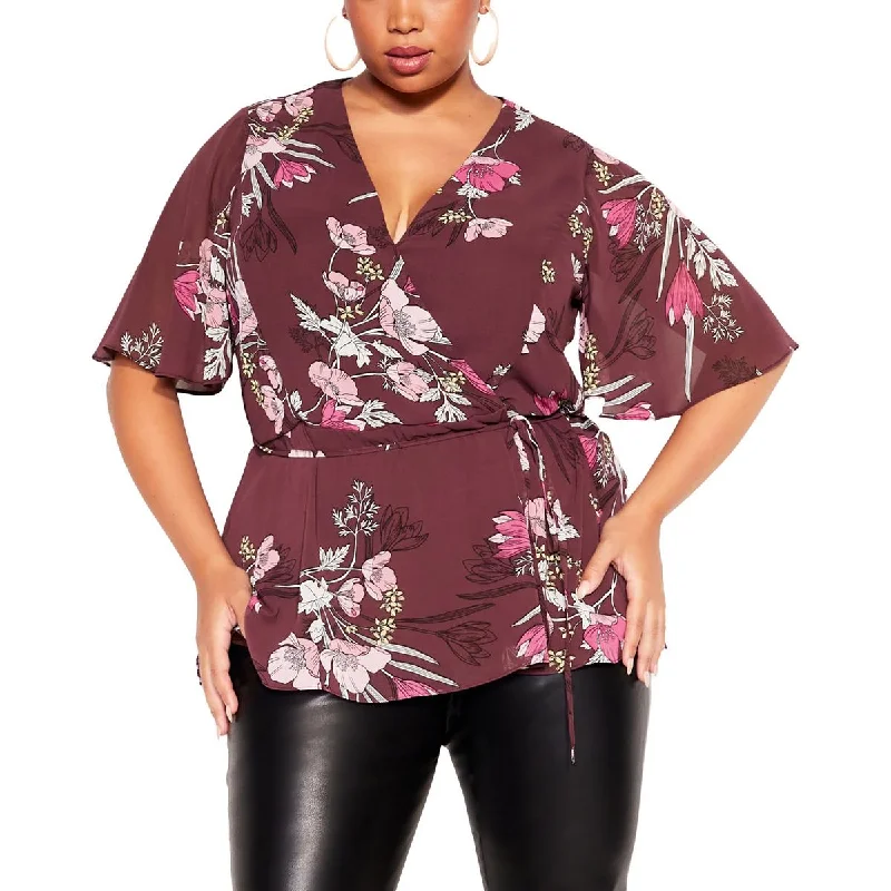 Take Advantage City Chic Womens Angelina Floral Print Chiffon Peplum Top