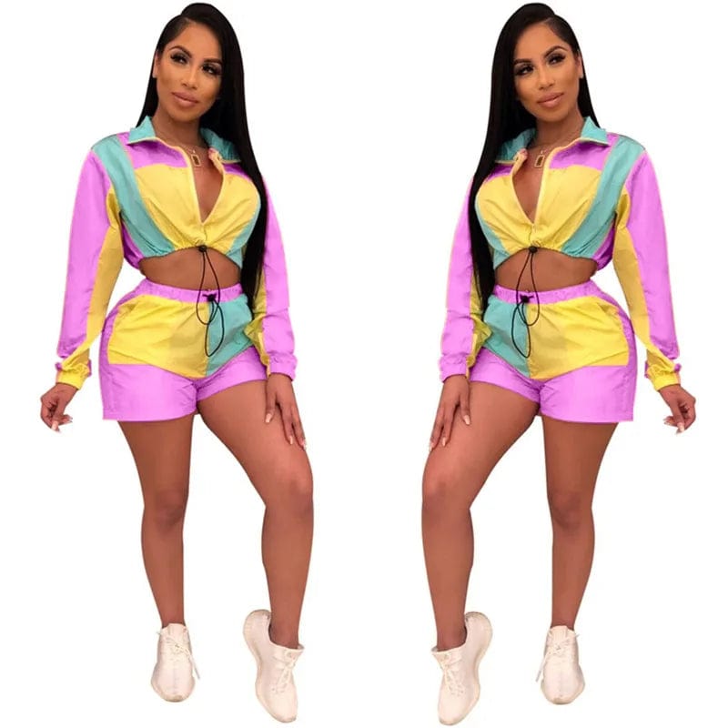 Discount Deals Color Block Patchwork Two Piece Set Women Cut Out Crop Drawstring Top and Shorts Casual Female Tracksuit Discount Deals Color Block Patchwork Two Piece Set Women Cut Out Crop Drawstring Top and Shorts Casual Female Tracksuit