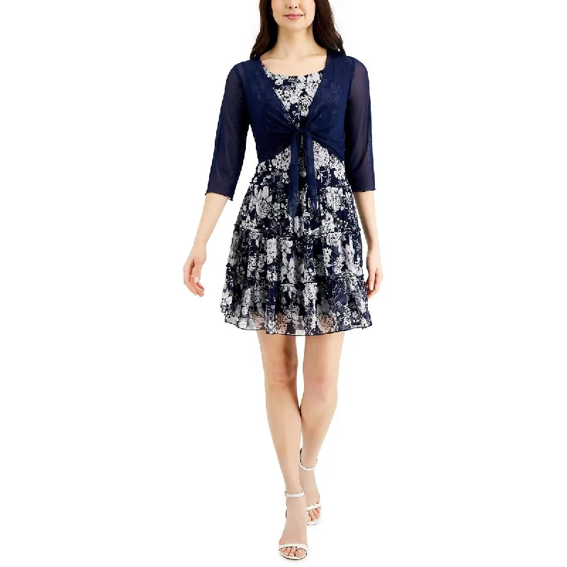 Midnight Madness Connected Apparel Womens Petites Chiffon Mesh Two Piece Dress