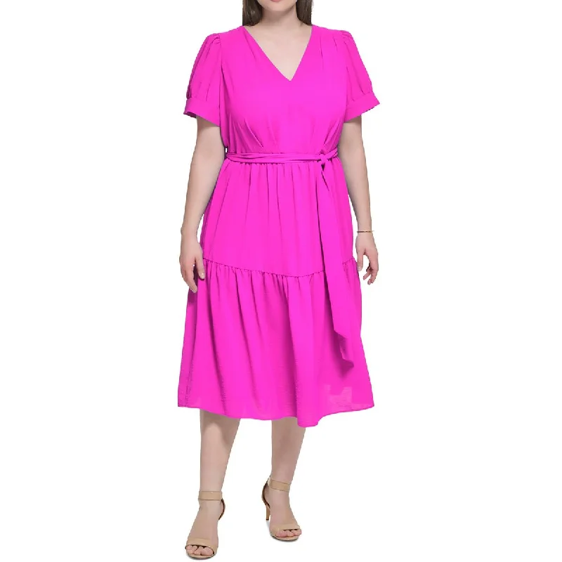 Weekend Deal DKNY Womens Plus Tiered  Midi Dress