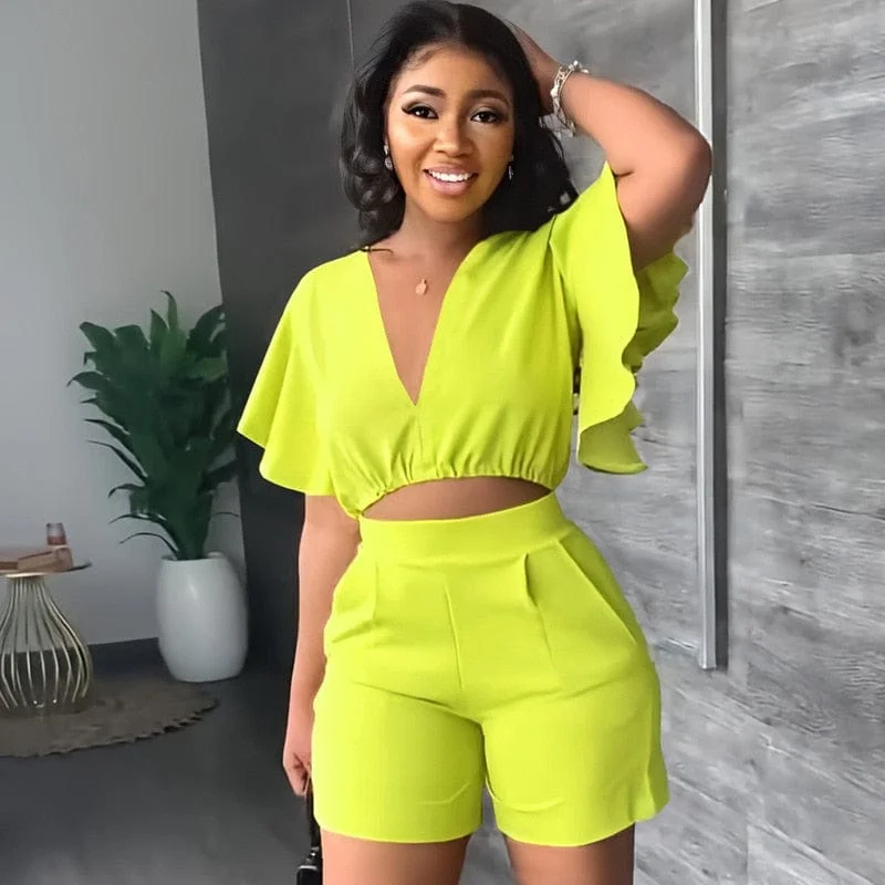 Unmissable Offer Fashion Two Piece Set Women Sexy V Neck Ruffles Sleeve Crop Top & Pockets Shorts Suit  Summer Street Solid Tracksuit Outfits